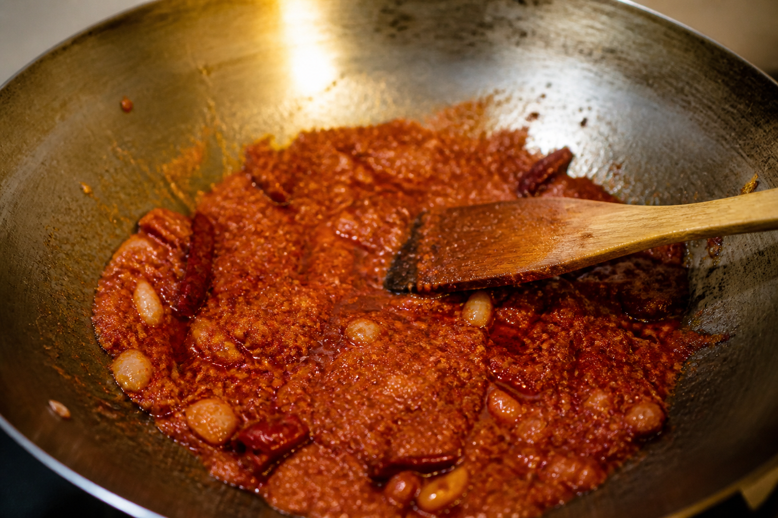 Sambal simmering in a wok with chilli and onion