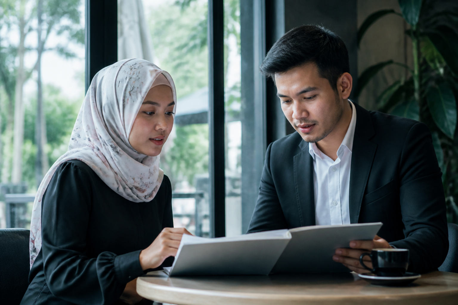 Two consultants reviewing a file at a cafe table