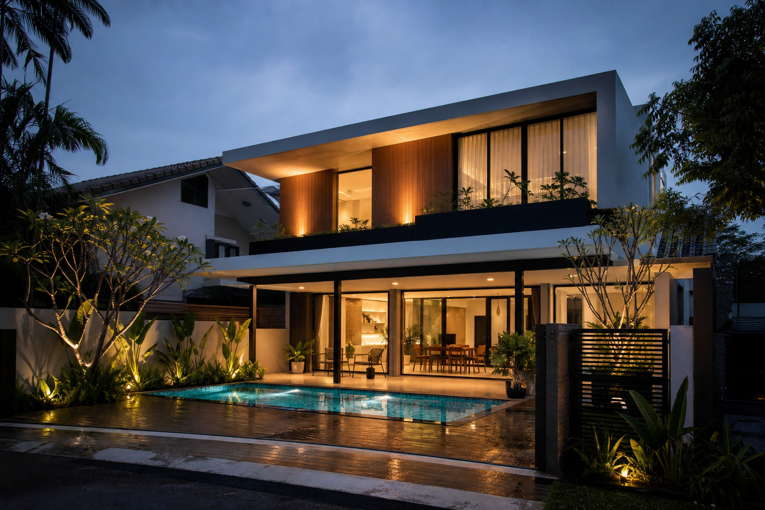 Modern house with a lit pool at dusk in Petaling Jaya