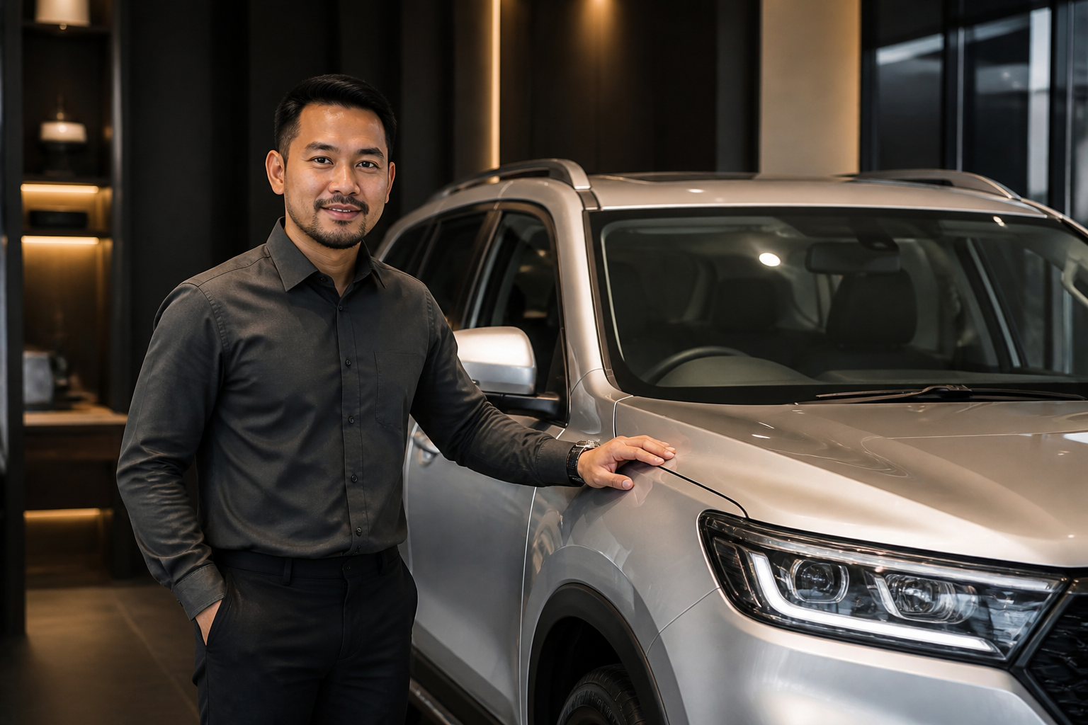 Firdaus Rahim beside a silver Proton SUV in the Cahaya Motors showroom