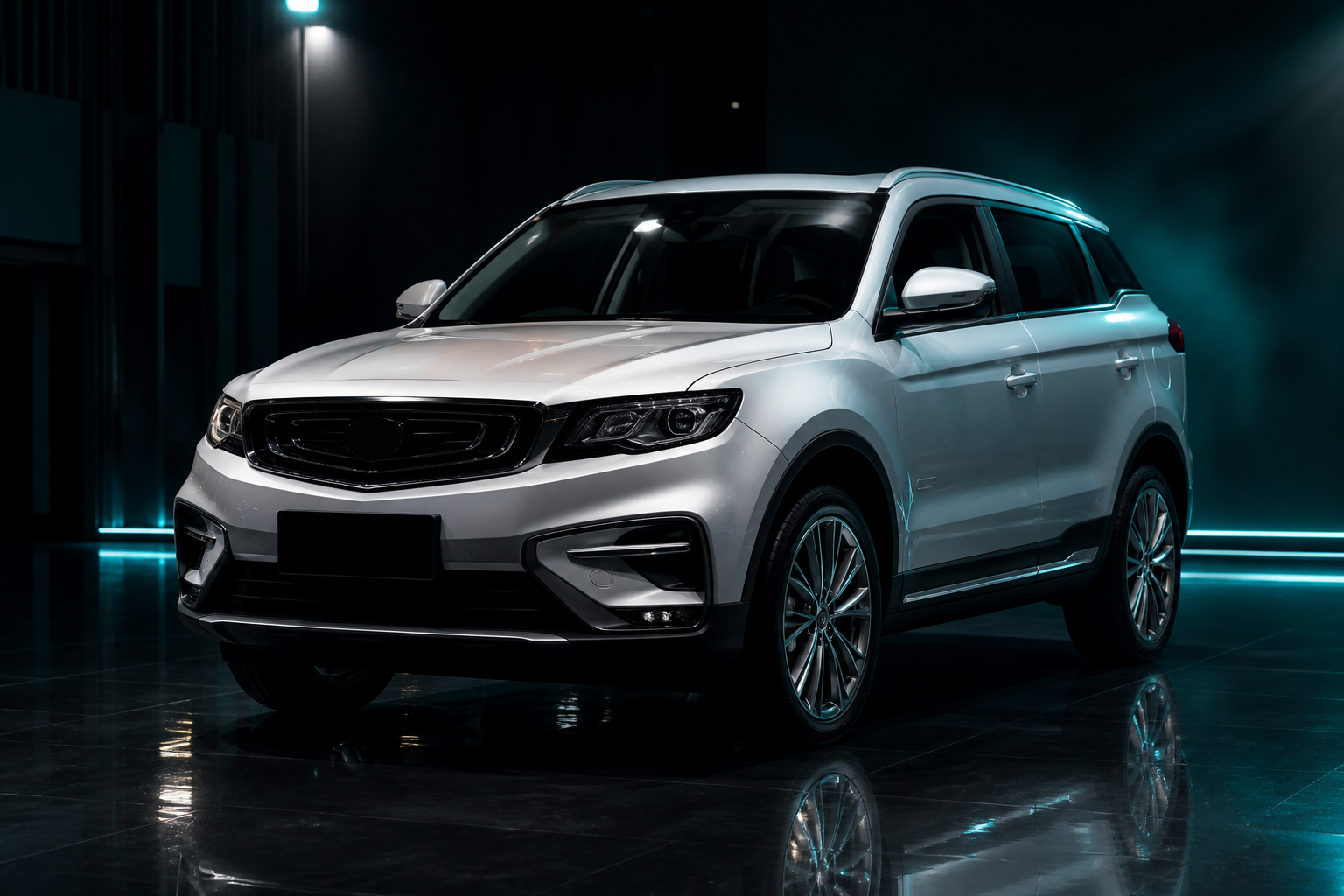 Proton X70-class SUV in a dark showroom
