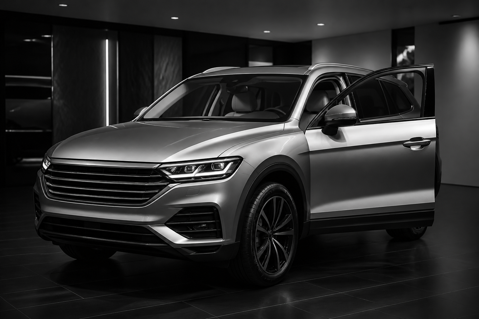 Silver SUV with the door open for a test drive